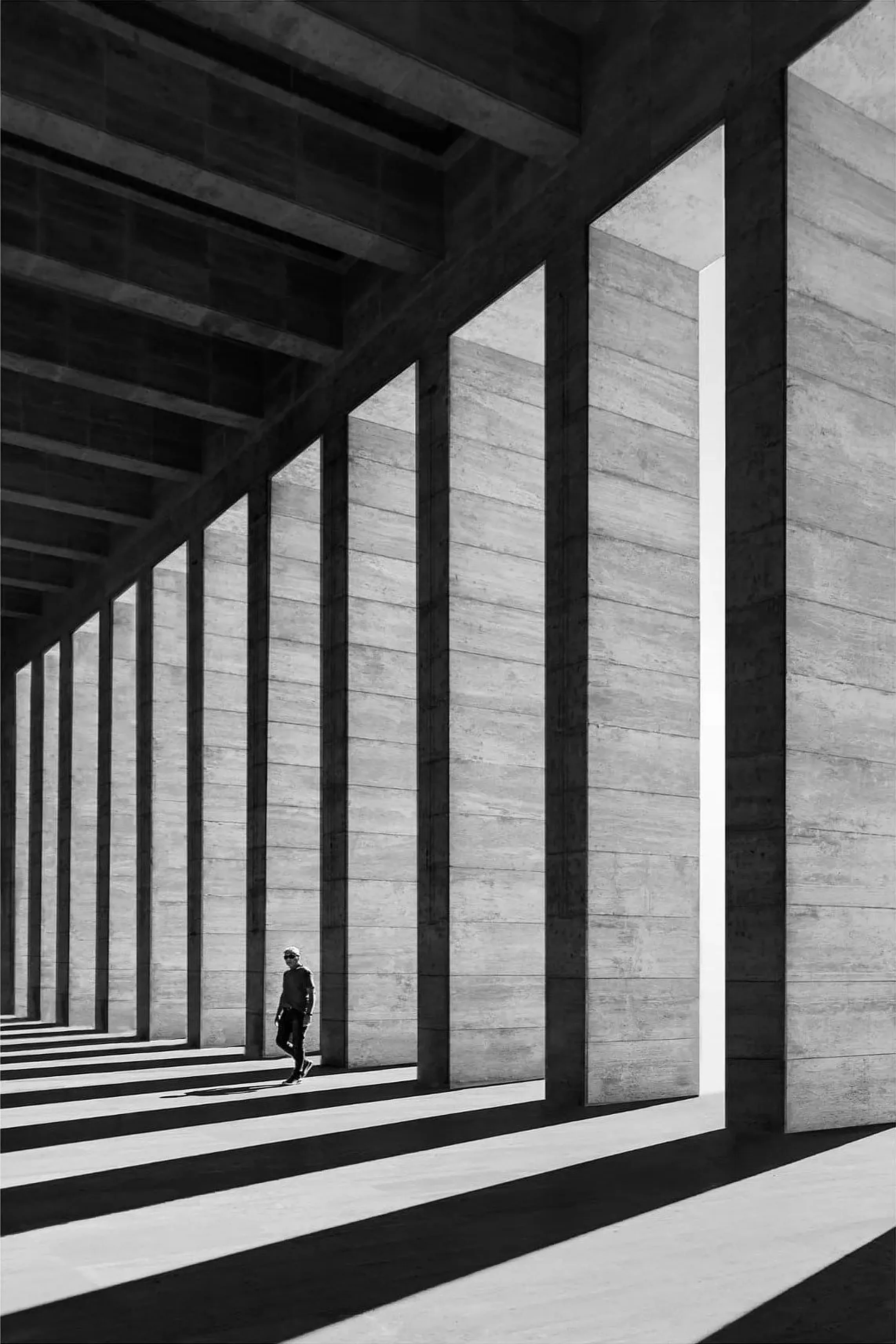 Columnata en perspectiva, en blanco y negro
