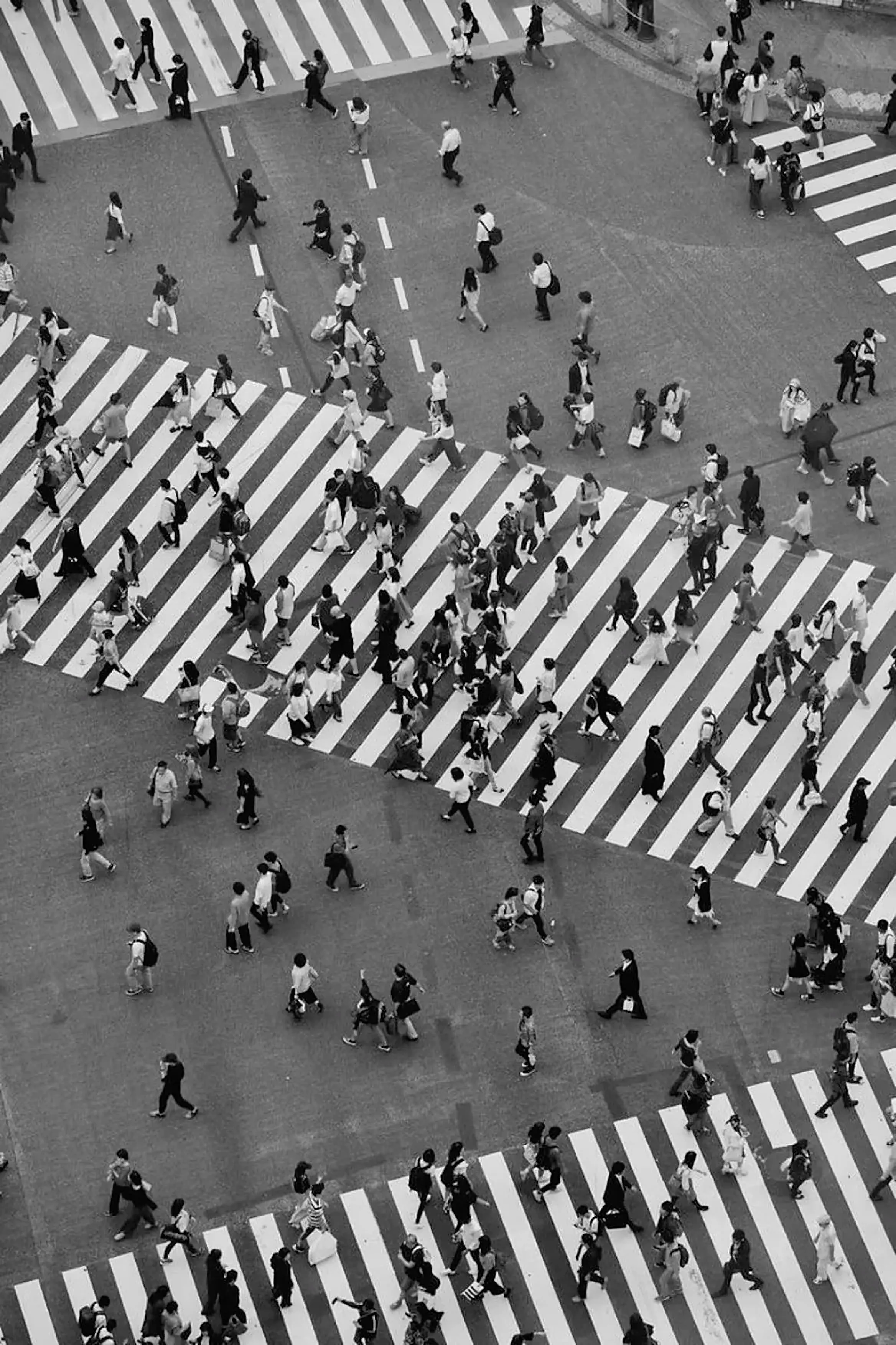 Personas cruzando una calle, vistas desde lo alto, en blanco y negro